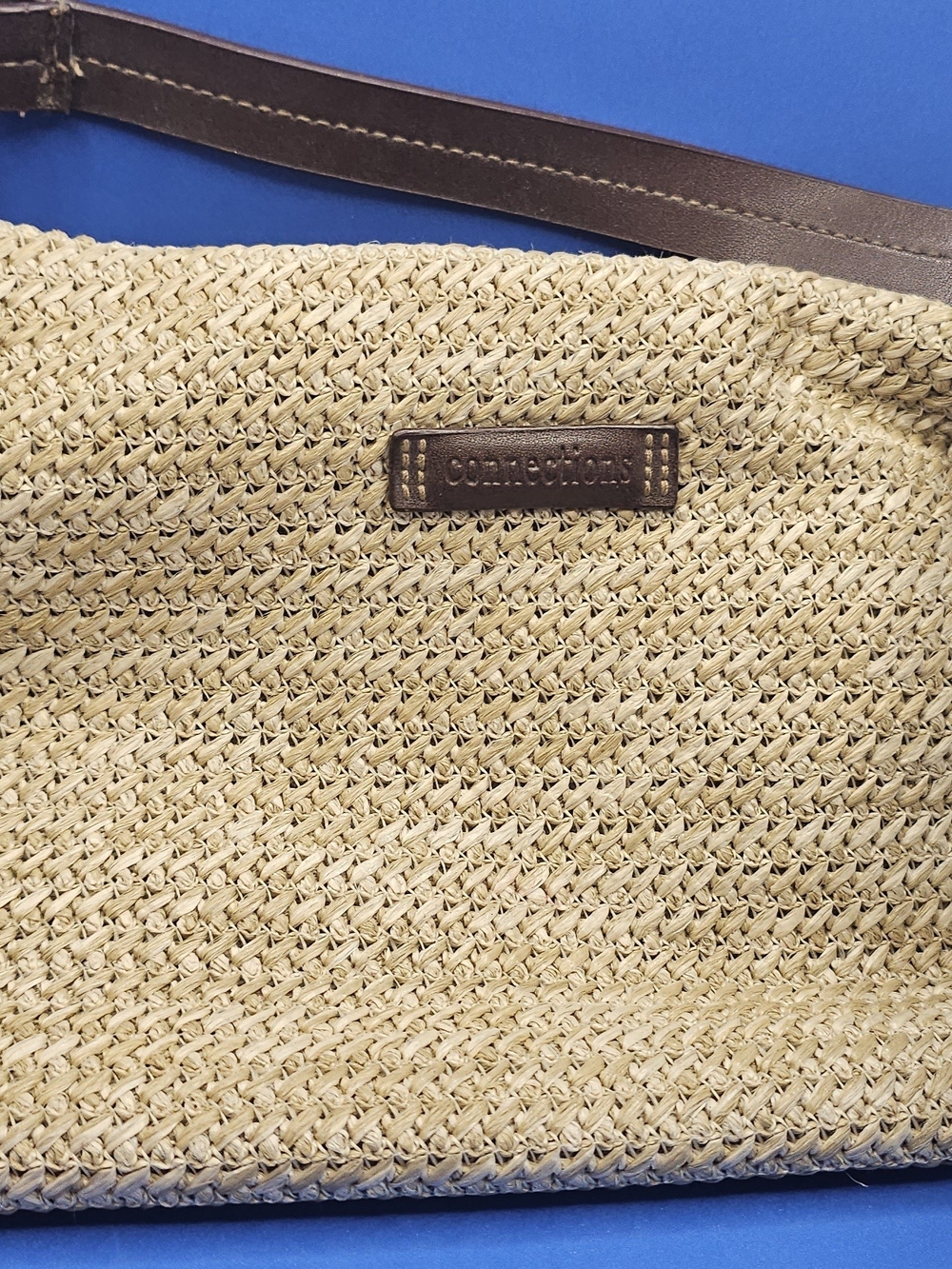 Connections Woven Straw Tote in Natural with Brown Trim